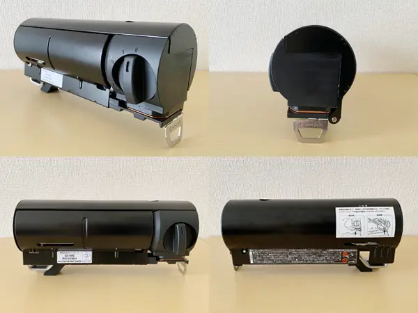 スノーピークから販売されている『Home & Campバーナー』の検証写真です。収納状態のコンパクトな画像が4枚並べてあり、斜め横から1枚、正面と裏面が各1枚、側面が1枚。非常にコンパクトな様子が見てわかるようになっています。