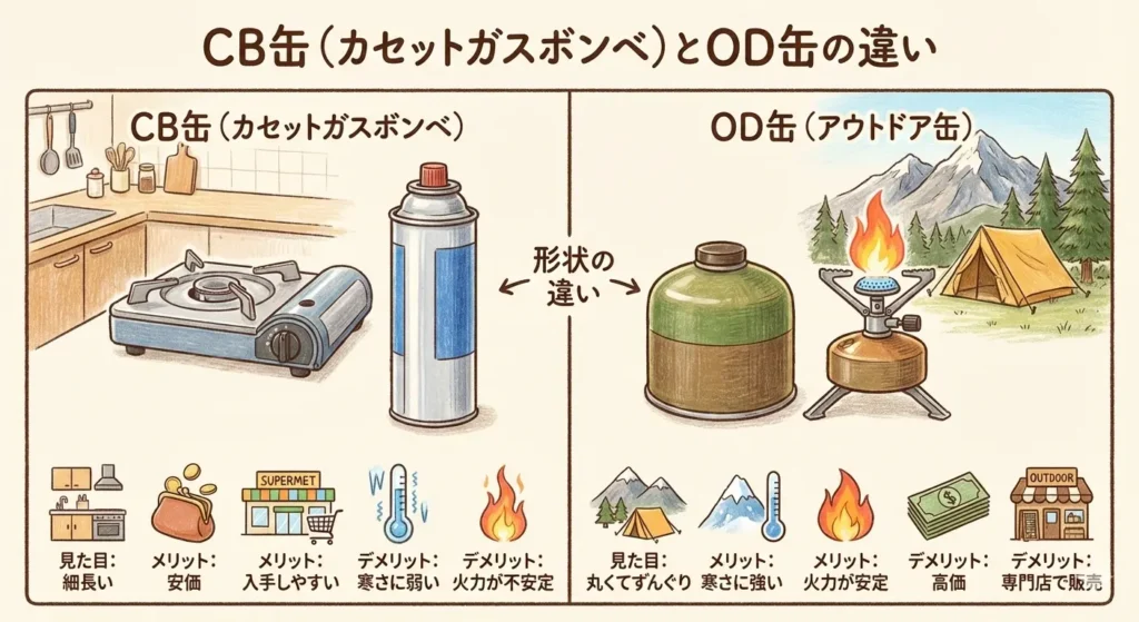 スノーピークから販売されている『Home & Campバーナー』の検証写真です。CB缶(カセットガスボンベ)とOD缶(アウトドアボンベ)の違いをイラストを使って説明した画像です。