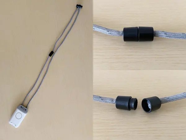 キングジムの防犯ブザー付きポータブルライト『ポタラ』の検証写真です。ネックストラップについている事故防止パーツです。強い負荷がかかると分離して外れる仕組みになっています。