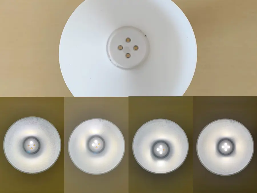 無印良品 『LED懐中電灯』の検証写真です。電池が1本からライトを点灯させることができます。この画像では電池を1本入れた時に、どのようにLEDライトが点灯するのかを、1本目から4本目まで入れた際の点灯状況をわかりやすく画像で説明しています。